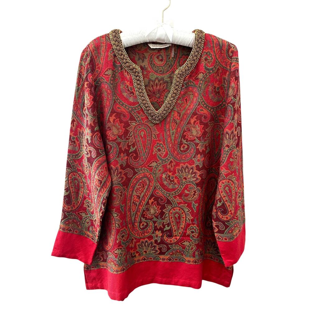 SOFT SURROUNDINGS Red Gold Paisley Tunic Top Boho Wool Blend Embellished Neck